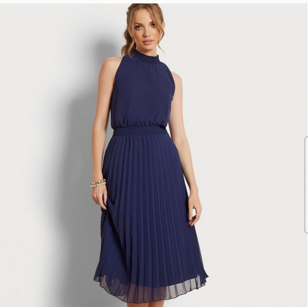 NEW- Sam Edelman Smocked Plissé Midi Dress Blue Size 14
